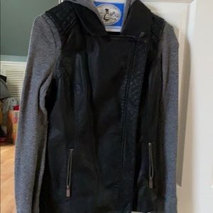 Moto faux leather and cotton mix coat